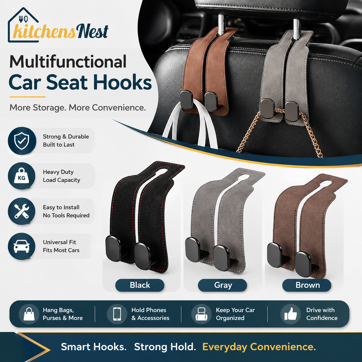 🥳2026 HOT SALE🥳💞50K+ SOLD!✨Car Seat Headrest Hook | Vegan Leather Hooks [ Pack Of 3 Piece ]