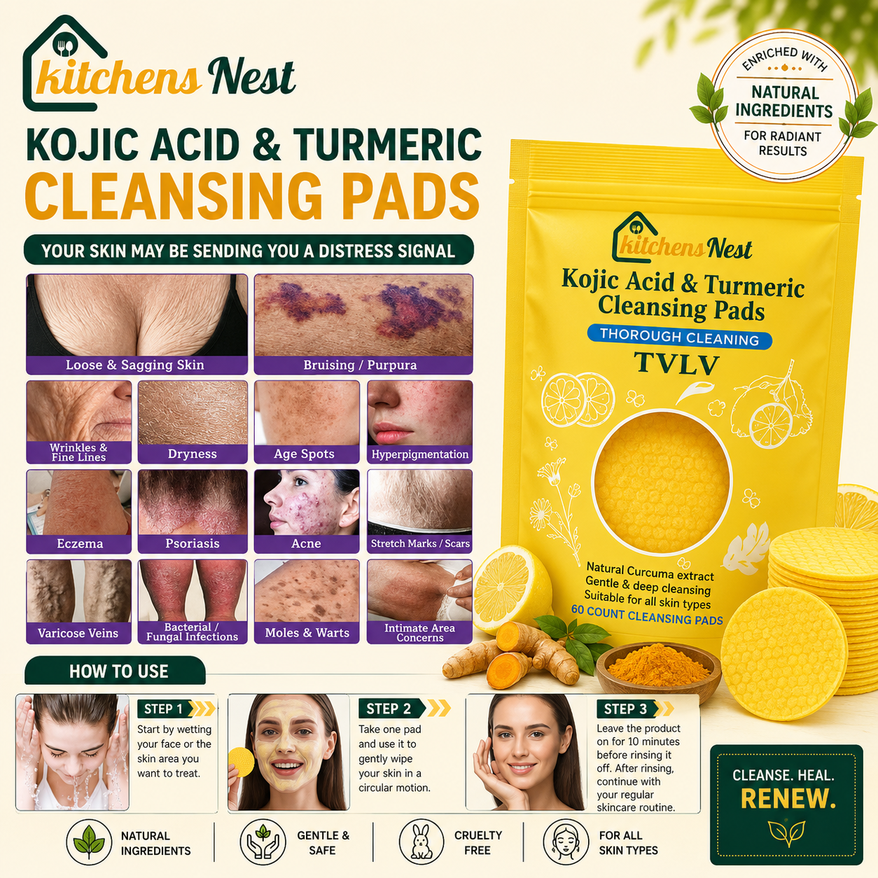 🔥Last Day 49% OFF- Turmeric & Kojic Acid Cleansing Pads - 60 Pieces
