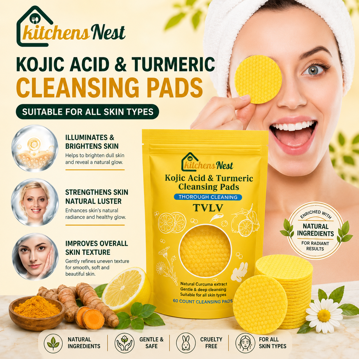 🔥Last Day 49% OFF- Turmeric & Kojic Acid Cleansing Pads - 60 Pieces