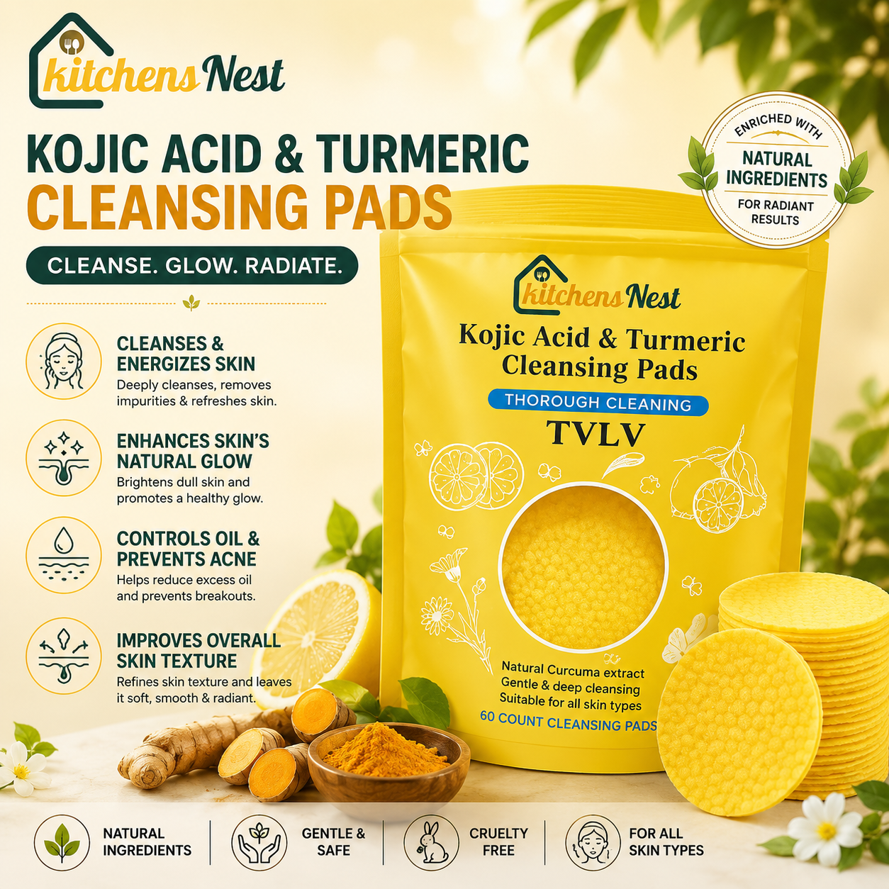 🔥Last Day 49% OFF- Turmeric & Kojic Acid Cleansing Pads - 60 Pieces