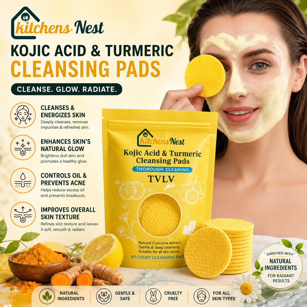 🔥Last Day 49% OFF- Turmeric & Kojic Acid Cleansing Pads - 60 Pieces