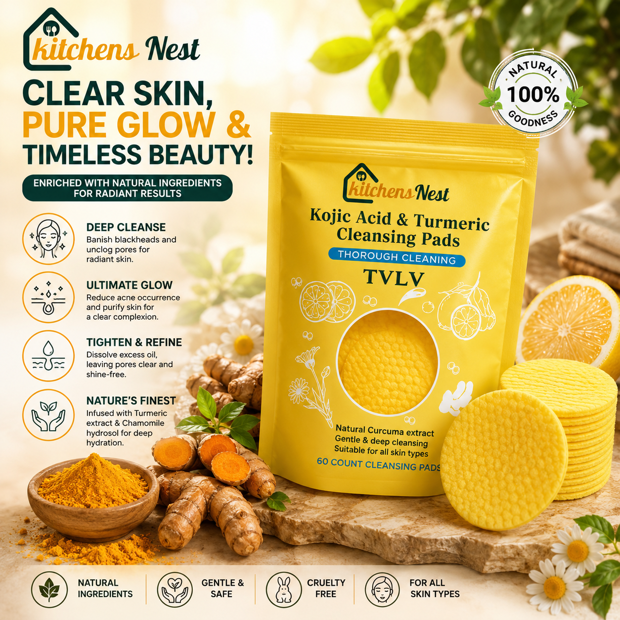 🔥Last Day 49% OFF- Turmeric & Kojic Acid Cleansing Pads - 60 Pieces