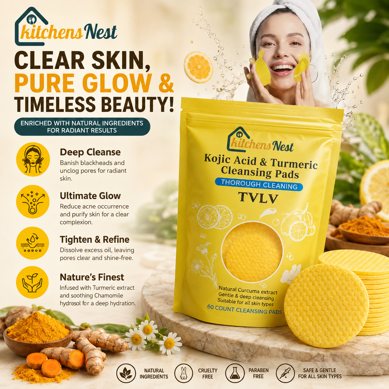 🔥Last Day 49% OFF- Turmeric & Kojic Acid Cleansing Pads - 60 Pieces